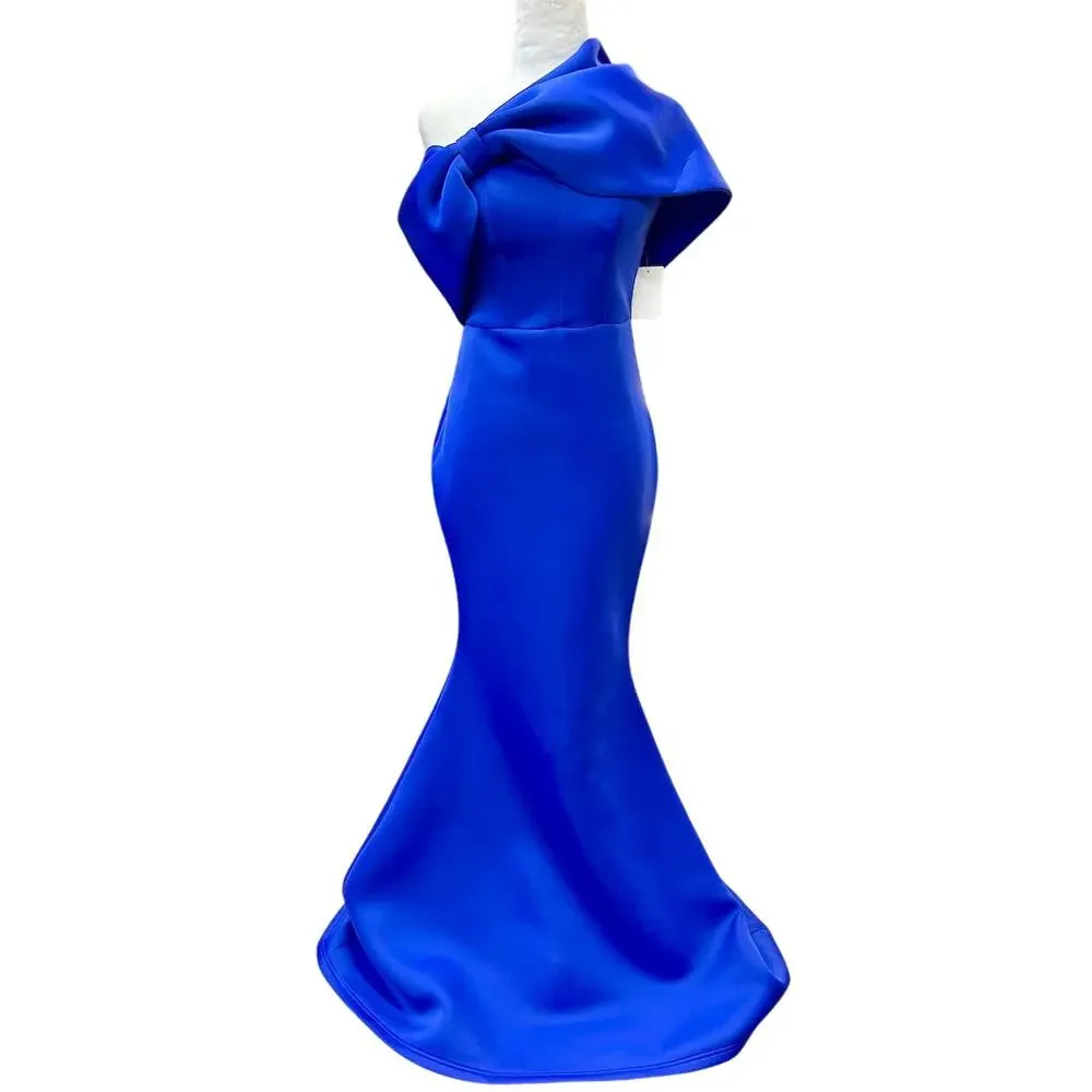 Elegant Royal Blue Coquette Off-Shoulder Bow Mermaid Formal Gown Small Detail - Picture 3 of 7